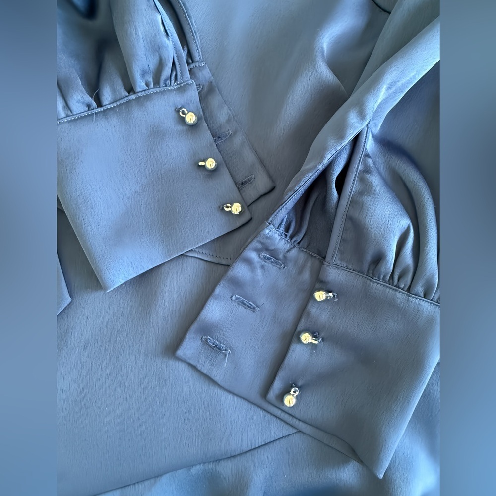 Parker Navy Blue Satin Mini Dress XS Tie Neck Long Sleeve Cascading Ruffle Hem - Picture 12 of 16